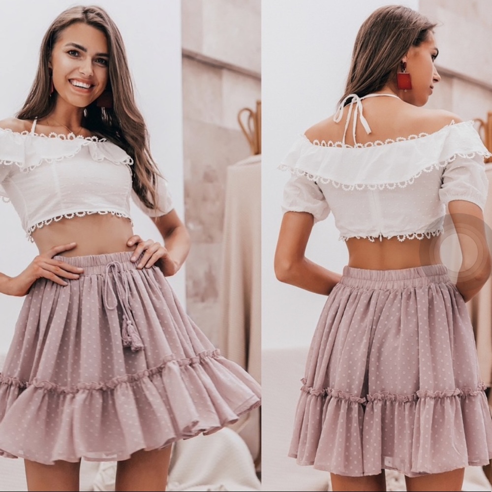 Boho Swiss dot ruffle hem elastic waist skirt pink